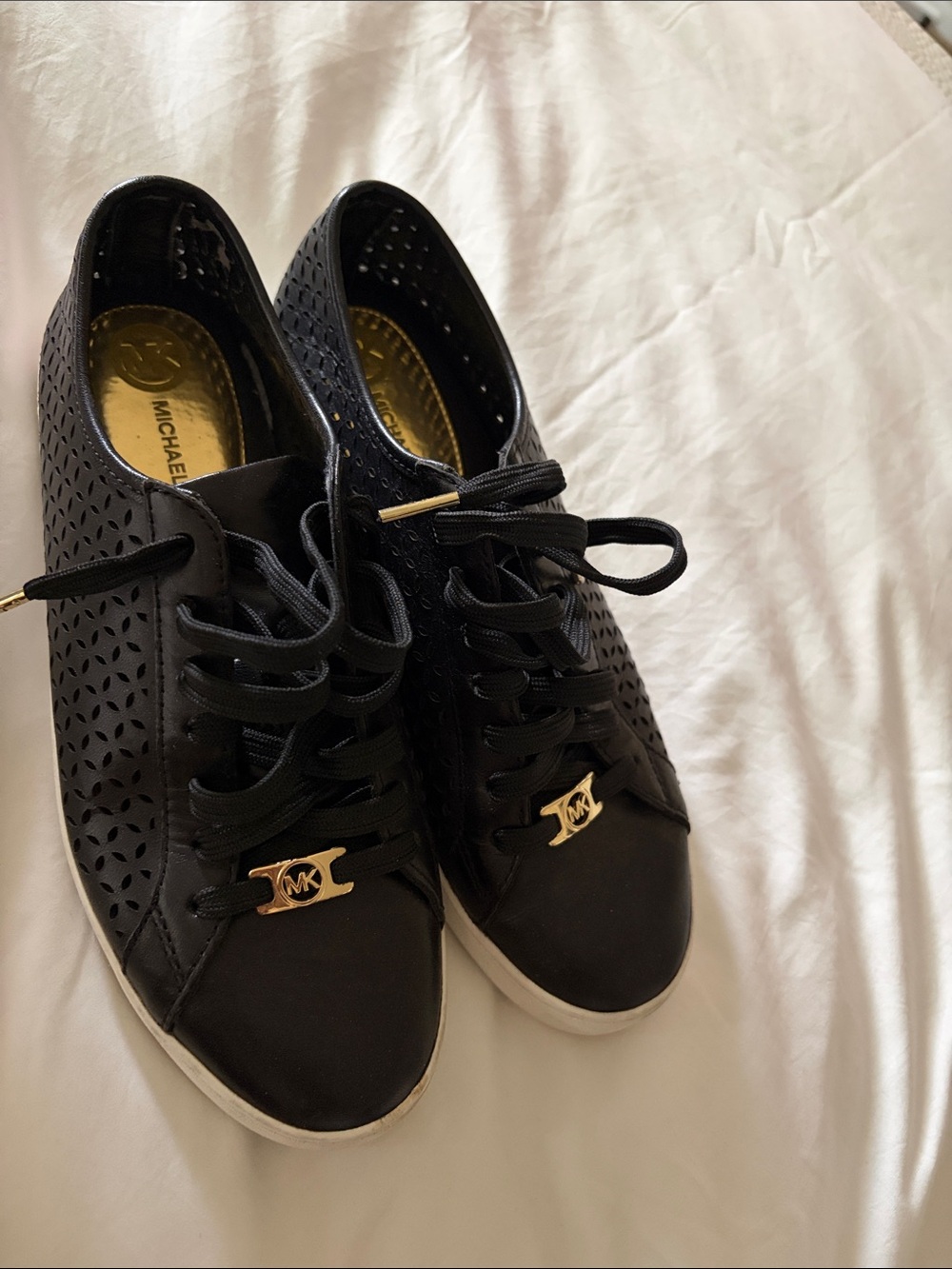 Michael Kors Black Perforated Lace-Up Sneakers with Gold Accents
